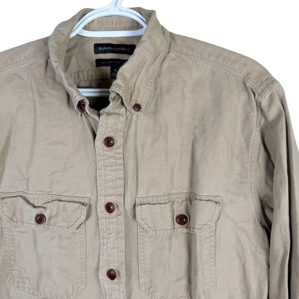 Banana Republic Linen Blend Button Up Shirt Men M Tan Untucked Standard Fit read
